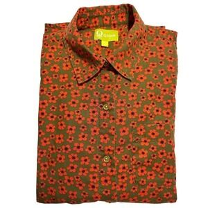 QMack Floral Button Down Shirt Womens S Orange Olive Green Excellent Cotton